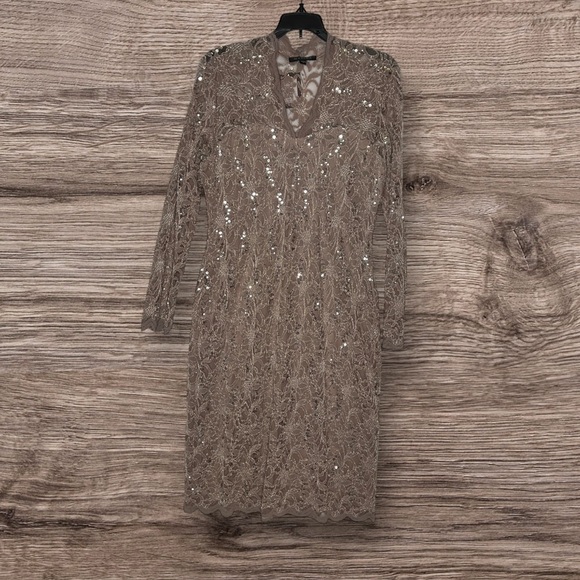 Taupe Sequin Lace Dress by Marina - Picture 1 of 6